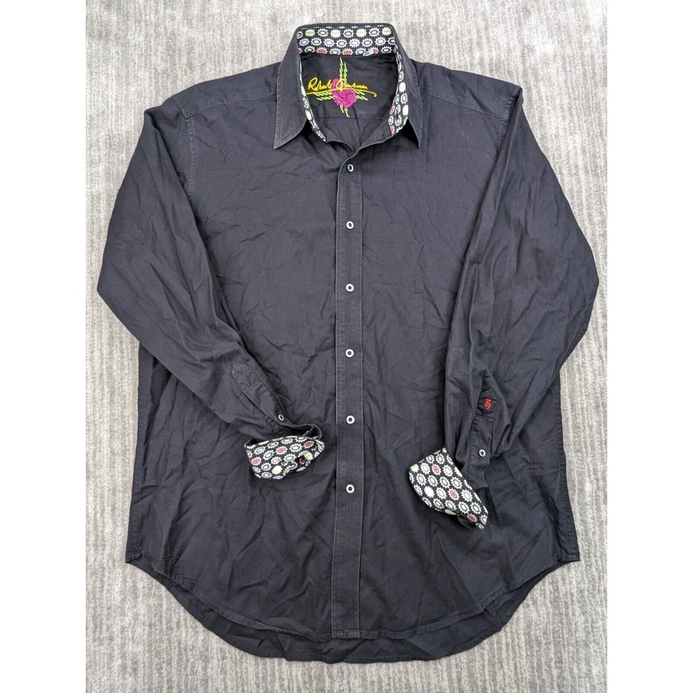 Robert Graham Mens Long Sleeve Button Up Black Embroidered Flip Cuff Large